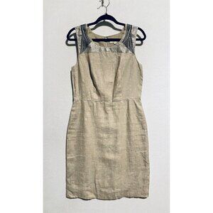 LOFT Dress Womens 8 Sleeveless Sheath Beaded Sequin Beige Linen Lined Boho